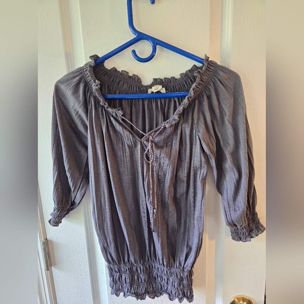 Gray Blouse with Puff Sleeves and Ruched Neckline